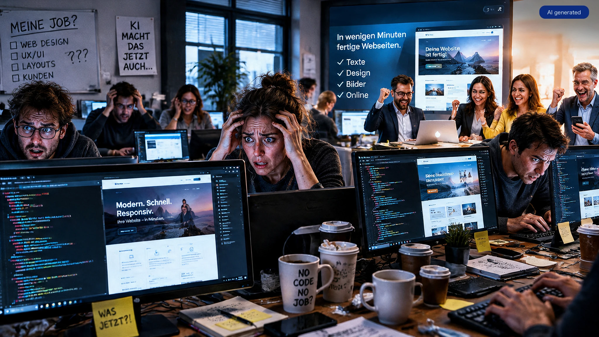 Ein KI-erzeugtes Bild das panische Entwickler bei der Arbeit zeigt. Ausdrücklich als Scherz gemeint.