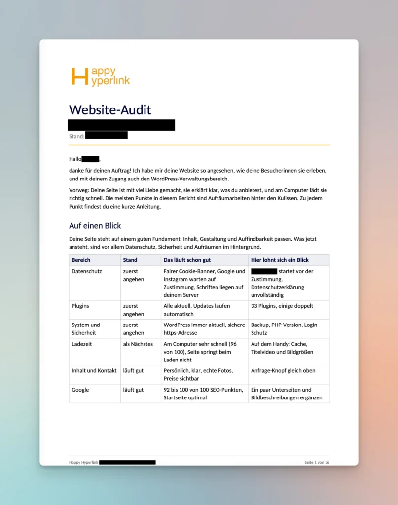Screenshot eines Audit-Berichts einer Website-Analyse