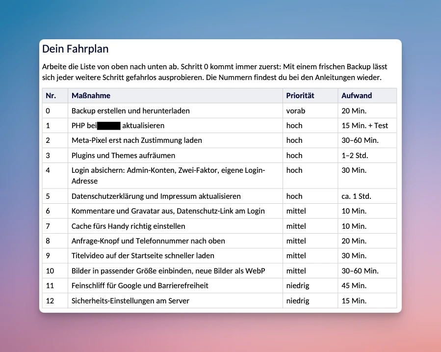 Screenshot eines Audit-Berichts einer Website-Analyse
